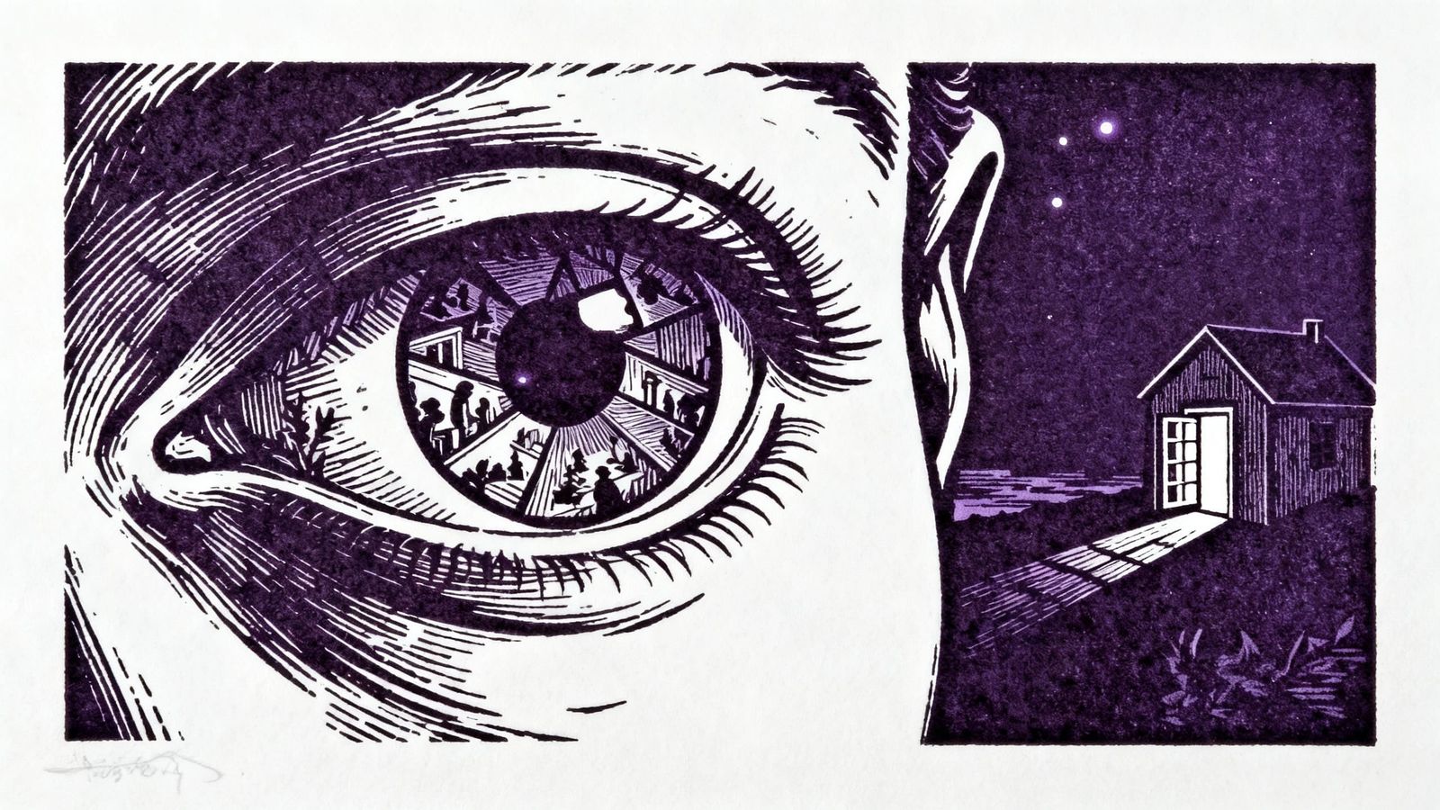 Surreal Woodcut Eye Illustration with Life Scenes