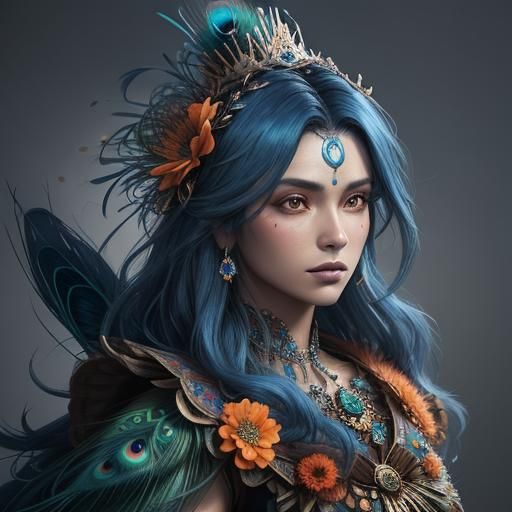Fantasy Woman with Peacock Feathers: Digital Art