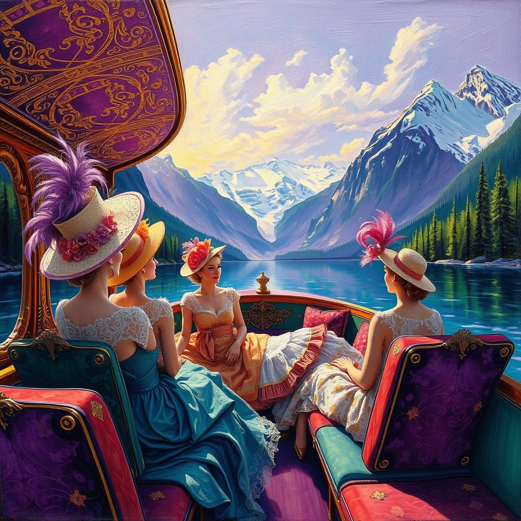 Elegant Women on River Boat, Albert Bierstadt Style