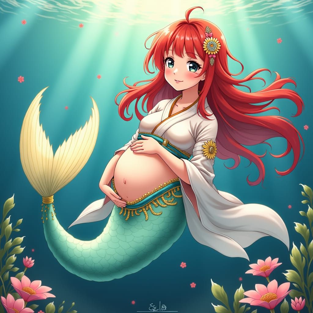 Anime Mermaid with Red Hair in Watercolor Style