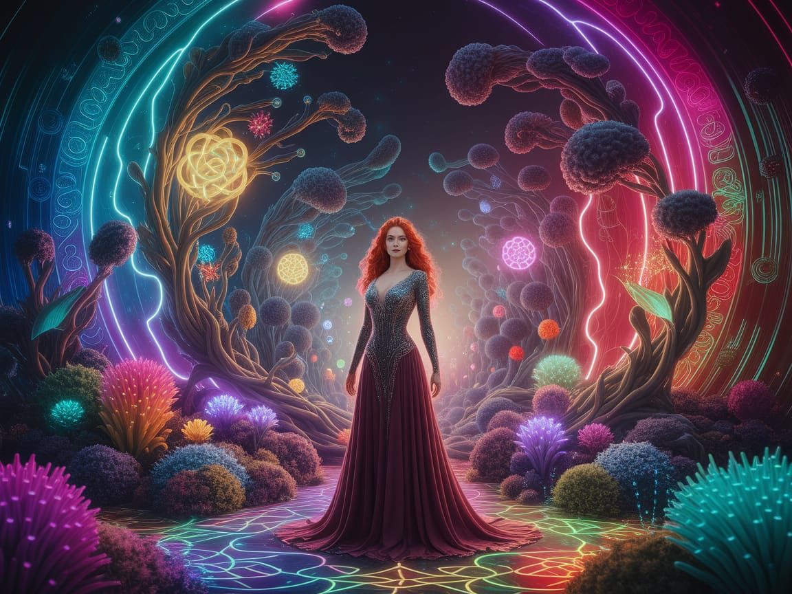 Woman in Bioluminescent Garden as Art Nouveau Digital Art