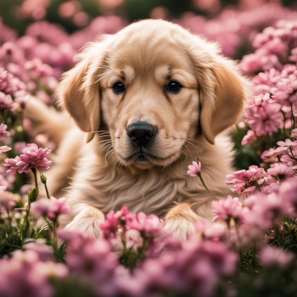 Golden Retriever Puppy in a Flower Bed