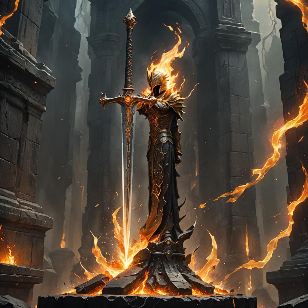 Fiery Sword on Stone Pedestal: Fantasy Illustration
