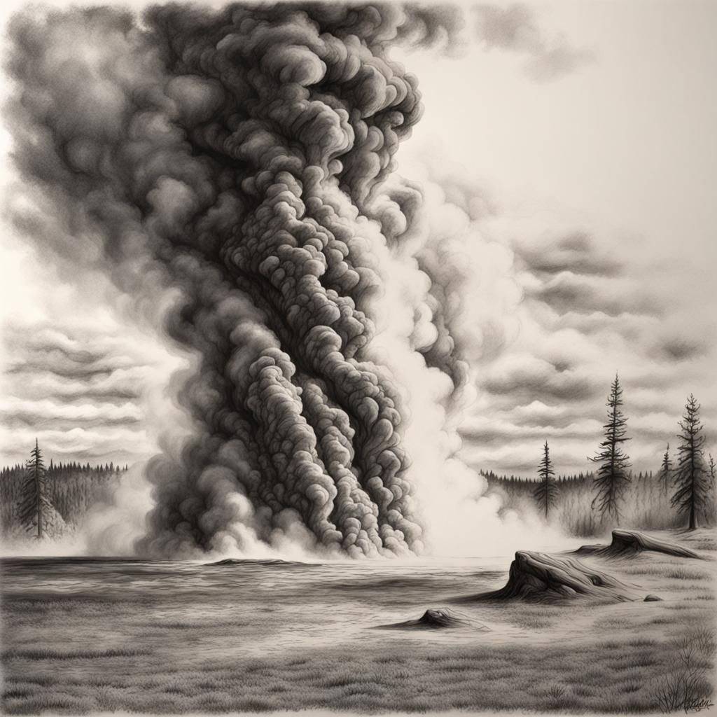 Hyperdetailed Charcoal Drawing of a Smokey Geyser