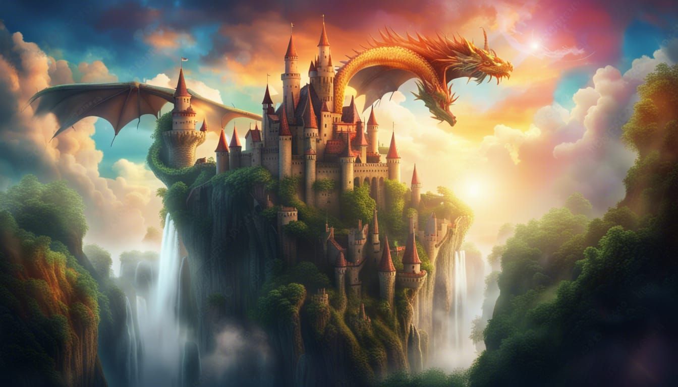 Dreamy Castle on Floating Island with Dragon