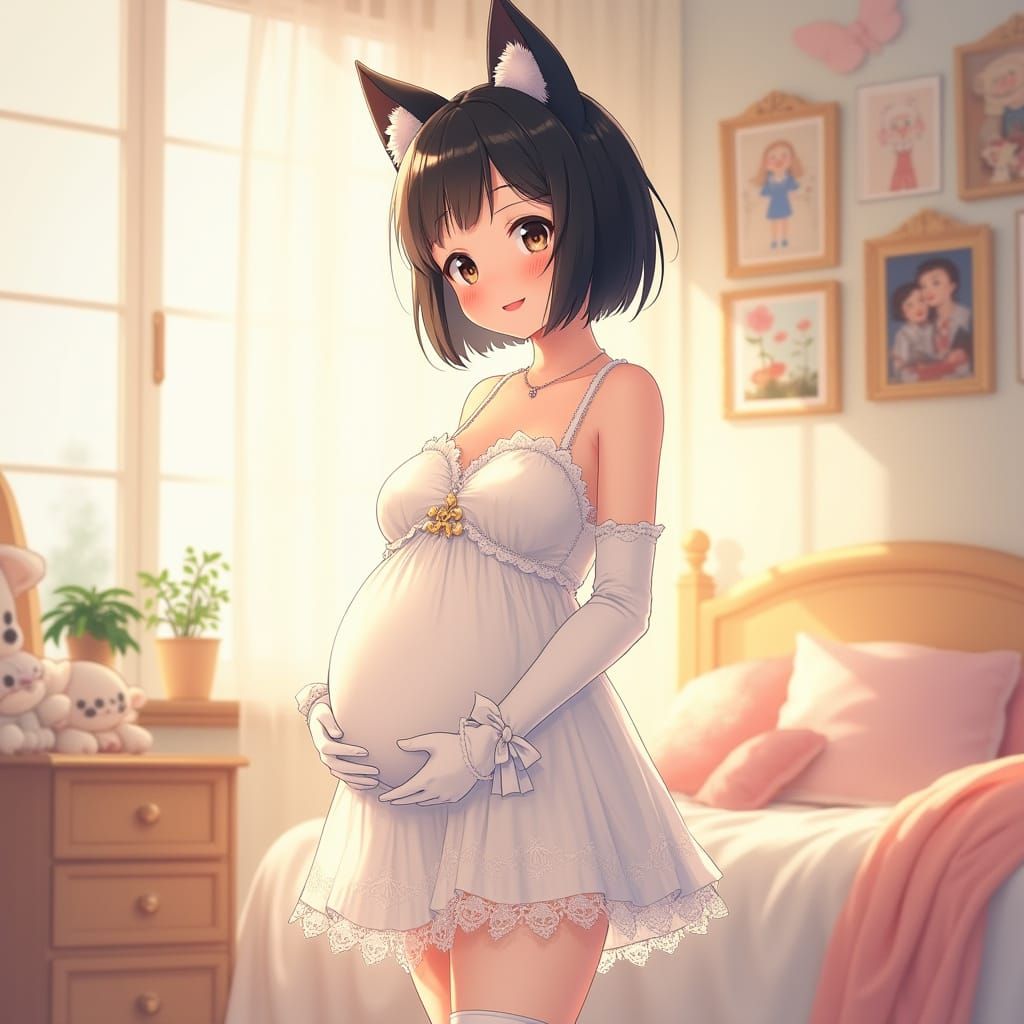 Whimsical Anime Mother-to-Be in Delicate Watercolor Style