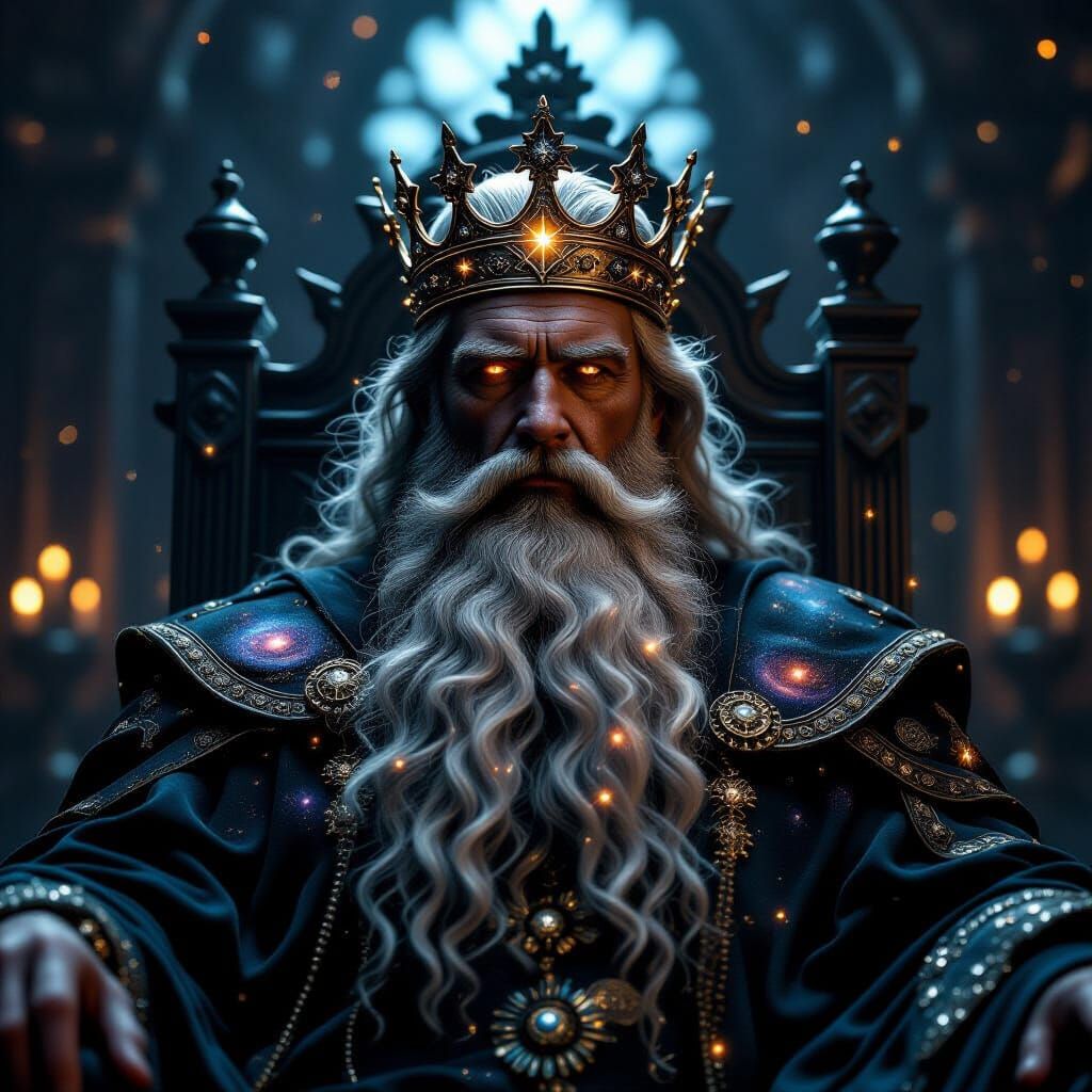 Cosmic King with Galaxy Beard in Dark Fantasy Style