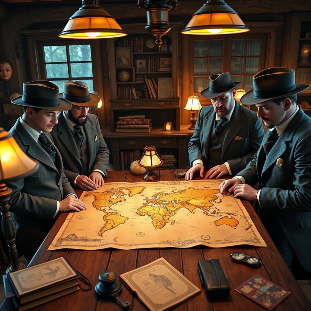 Men Gather Around a Cozy Map Study in a Vintage Study