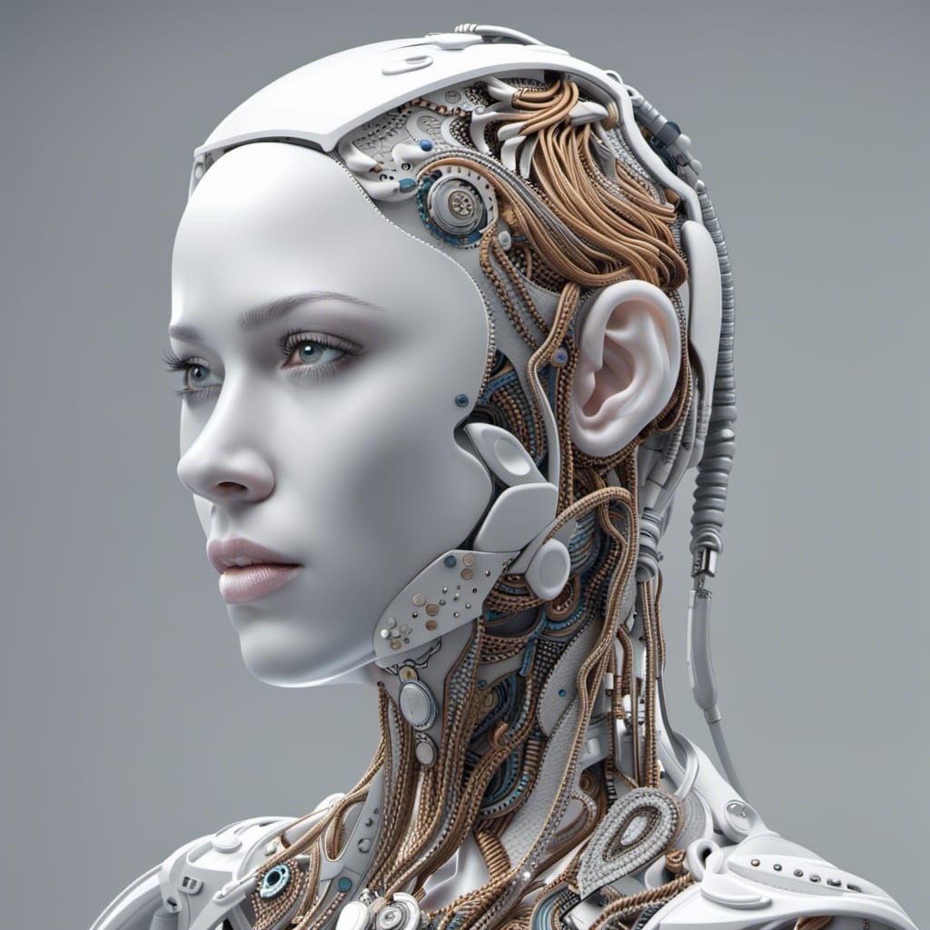 complex 3d render ultra detailed of a beautiful porcelain profile woman android face, cyborg, robotic parts, 150 mm, bea...