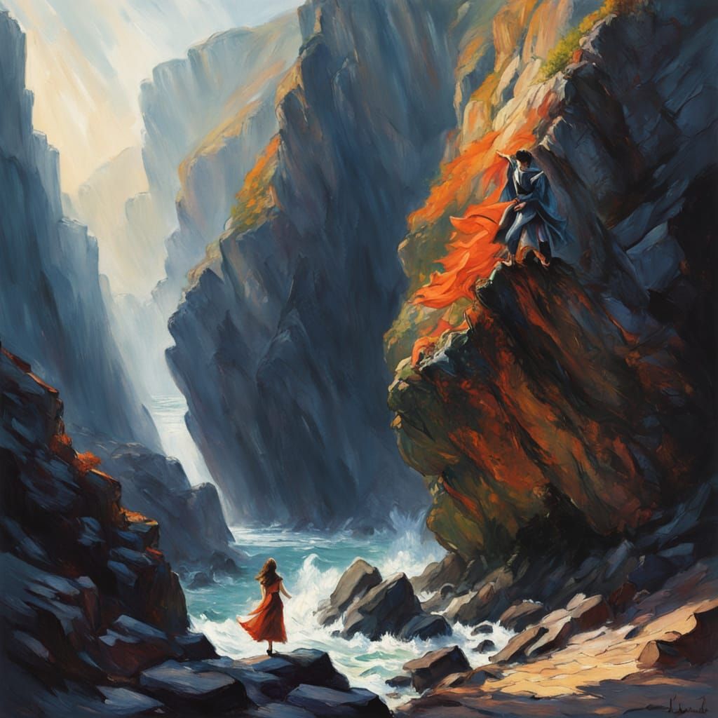 Impressionistic Painting of Woman Falling Down Cliff