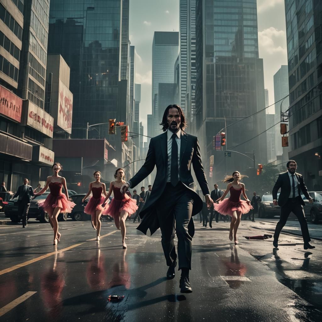 John Wick Battles Ballerinas in Neon-Lit Urban Landscape