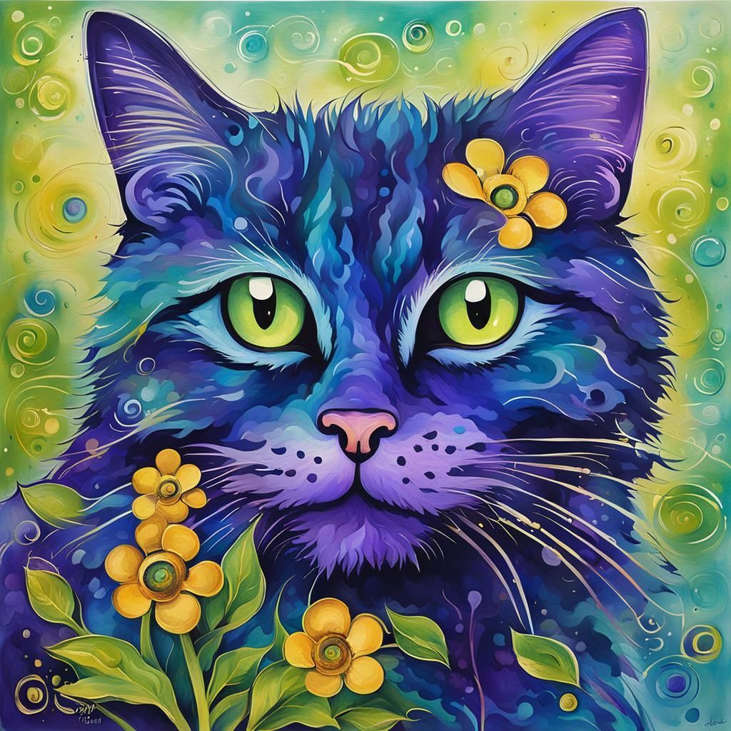 Abstract Chat Portrait in Impressionist Watercolor Style