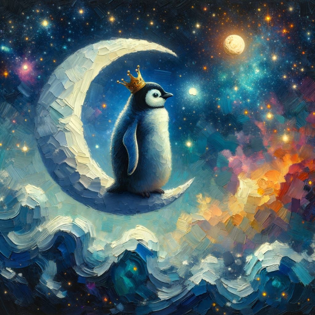 A whimsical penguin wearing a tiny crown, perched on a cresc...