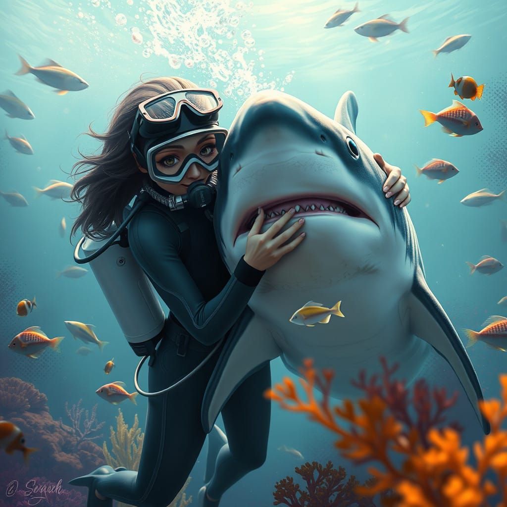 Diver in Futuristic Shark Hug