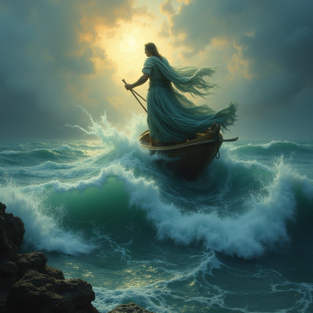 Ethereal Figure Rises from Turbulent Waters in Dreamlike Sty...