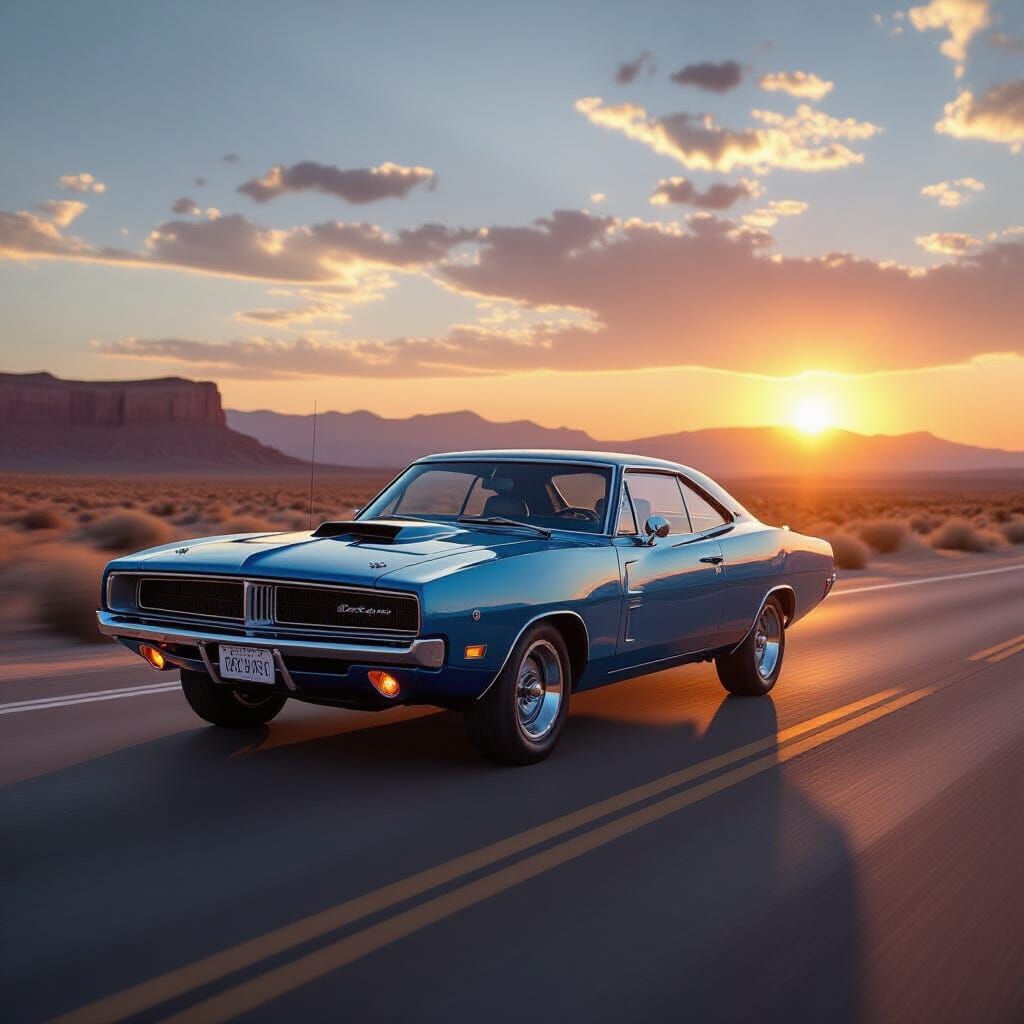 1969 Dodge Charger on Route 66 at Sunset