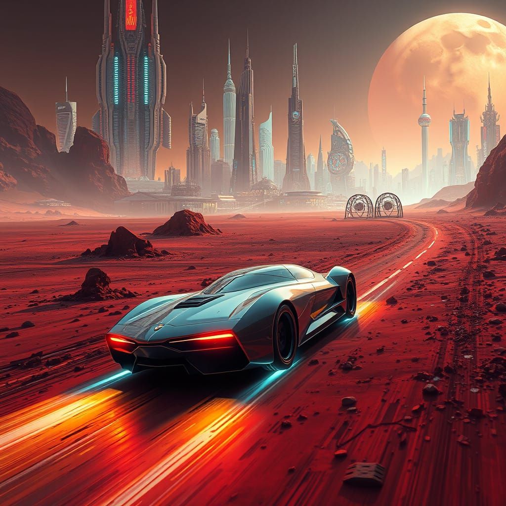 Futuristic Mars Speedway in Cyberpunk Cityscape