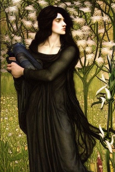 Androgynous Witch with Lilies, in Pre-Raphaelite Style