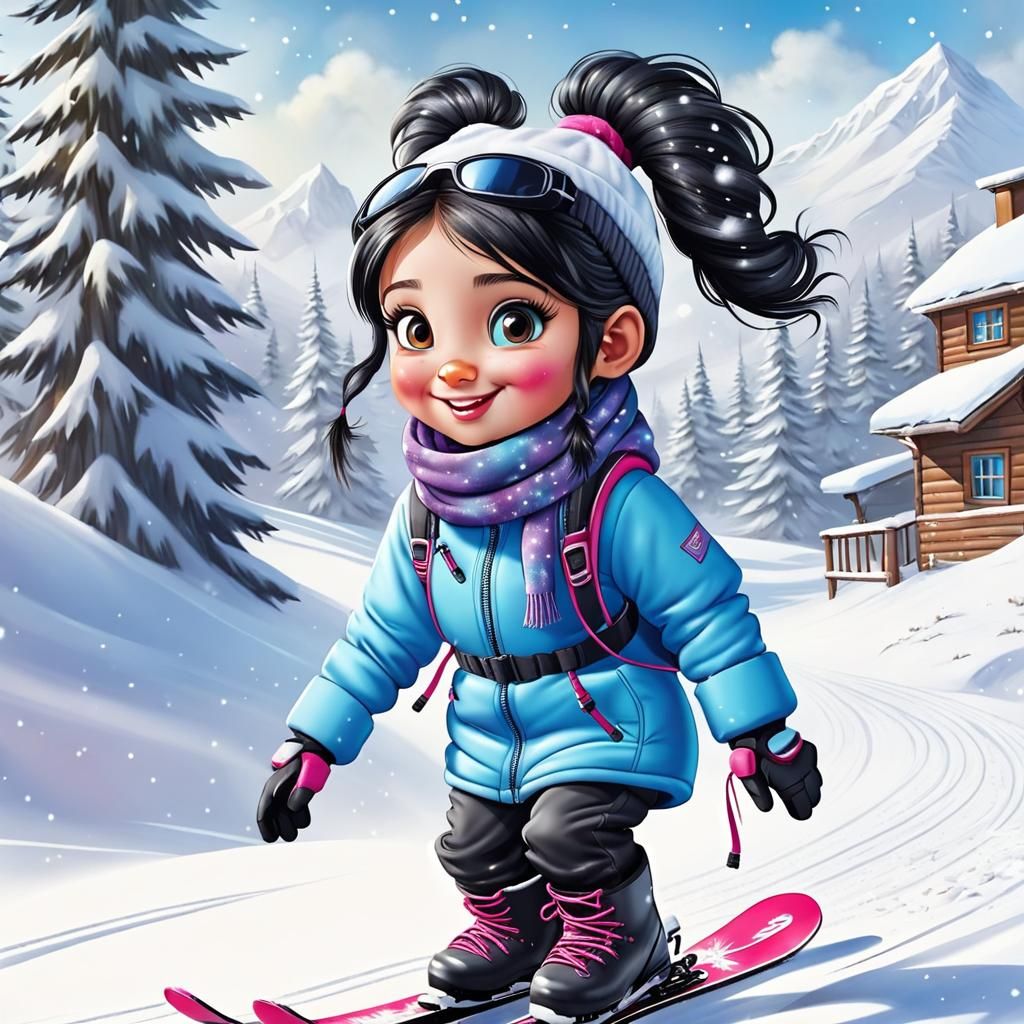 Girl Skiing in Winter Landscape as Airbrushed Art