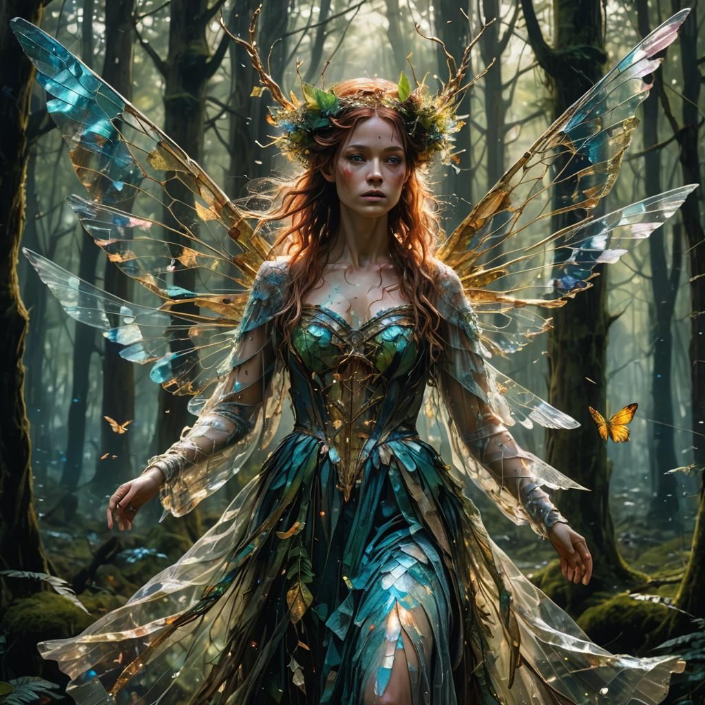 Ethereal Titania in Forest, Elaborate Oil Painting