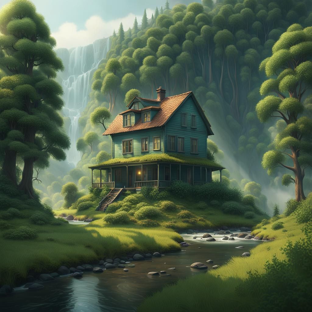 Quaint House in River Valley: Digital Matte Painting