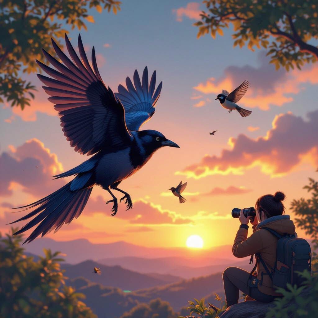 Magpie and Sparrows Soaring at Sunset: Anime-Inspired 3D Art