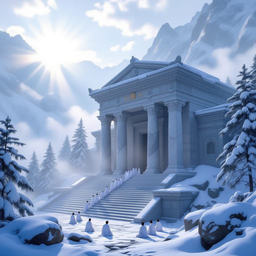 Ancient Marble Temple in Misty Mountains at Sunrise