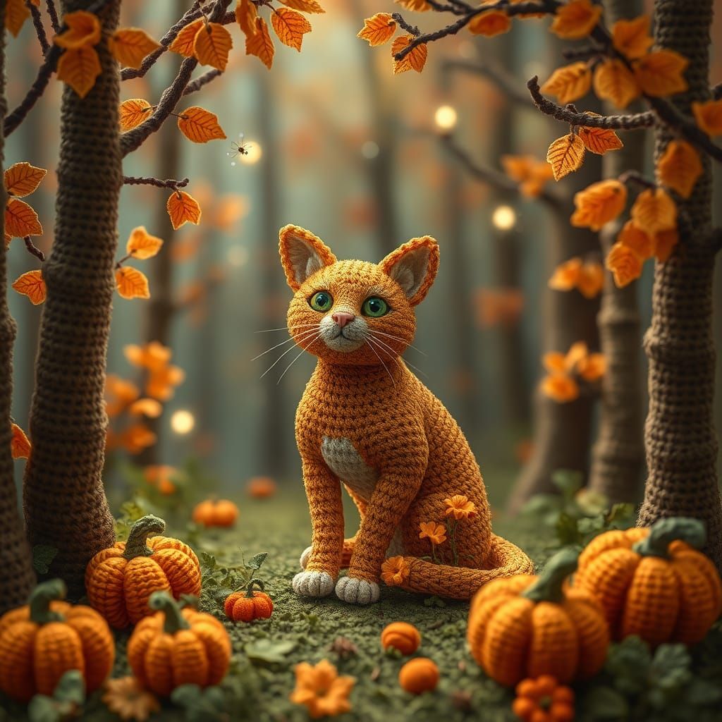 Crocheted Tabby Cat in Autumn Forest