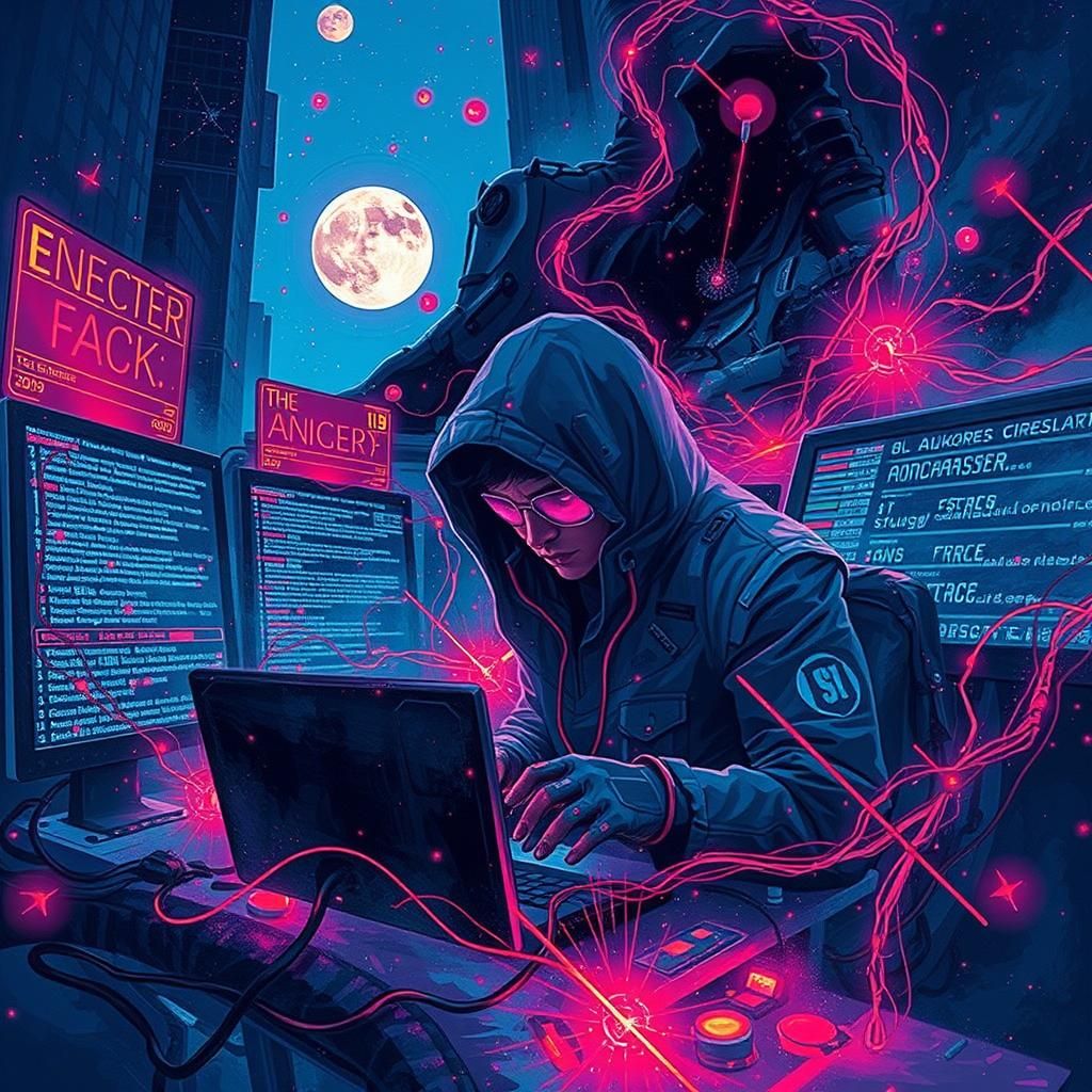 Cyberpunk 2099 Hacker in Maximalist Cityscape