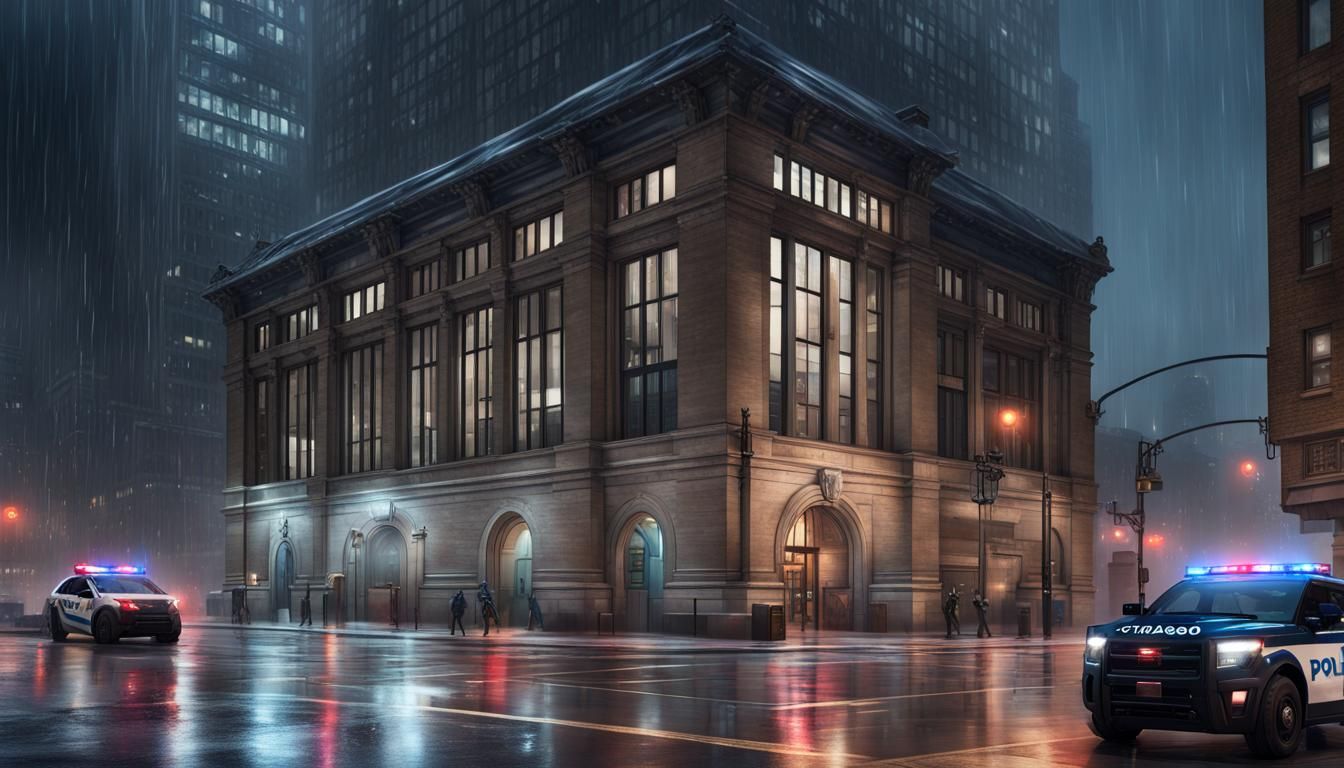 Chicago Police Station at Night in Rain, Digital Art