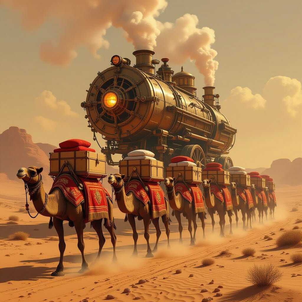 Camels Laden With Goods Cross Desert Under Steampunk Engine ...