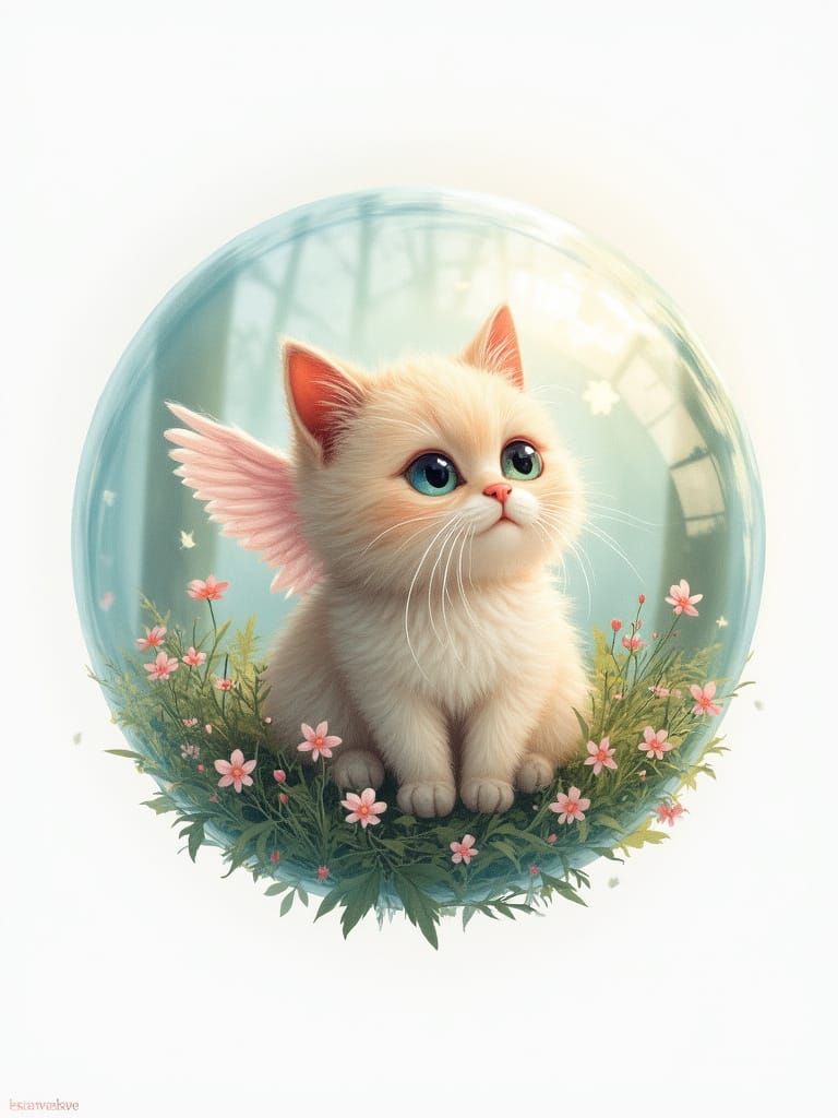 Winged Cat in Floating Bubble Watercolor