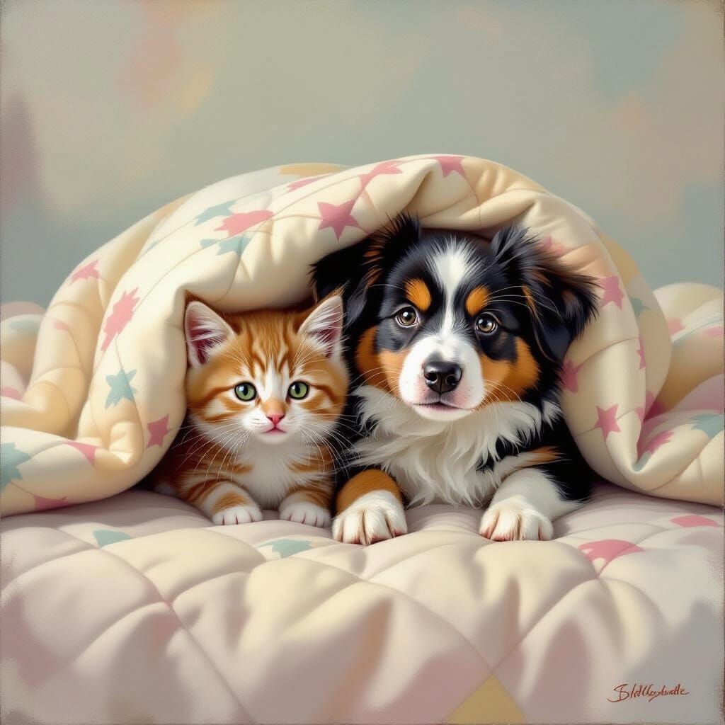 Playful Kitten and Dog Hide Under Blanket