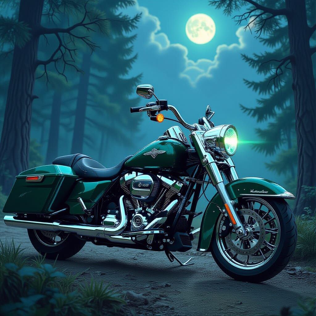 Emerald Serpent Harley Motorcycle in Ethereal Fantasy Style