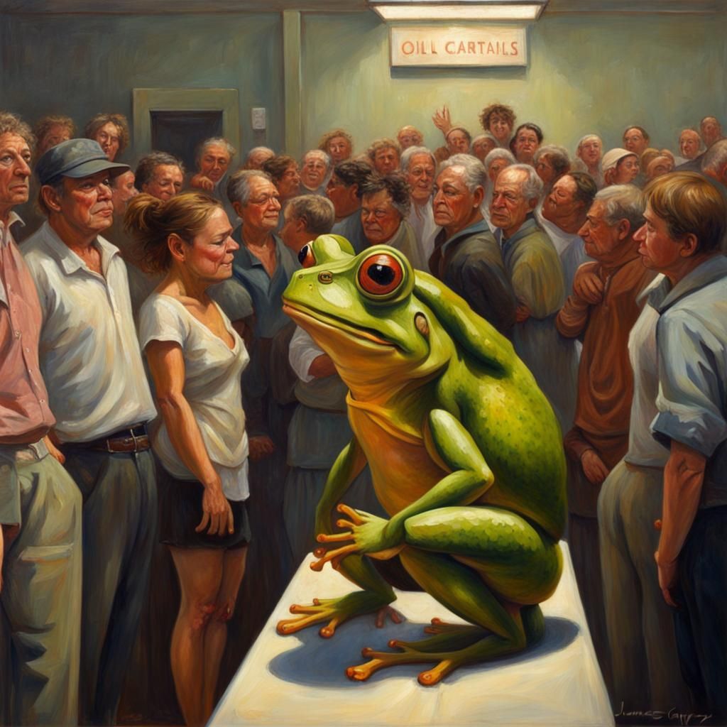Frog Disrupts Restroom Queue: Oil Painting