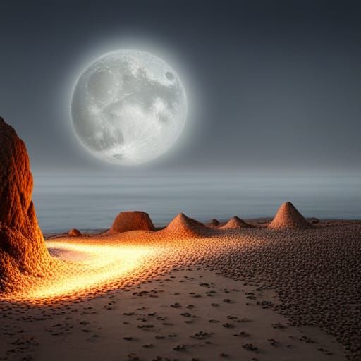 Snowy Beach Under Full Moon with Snowflakes