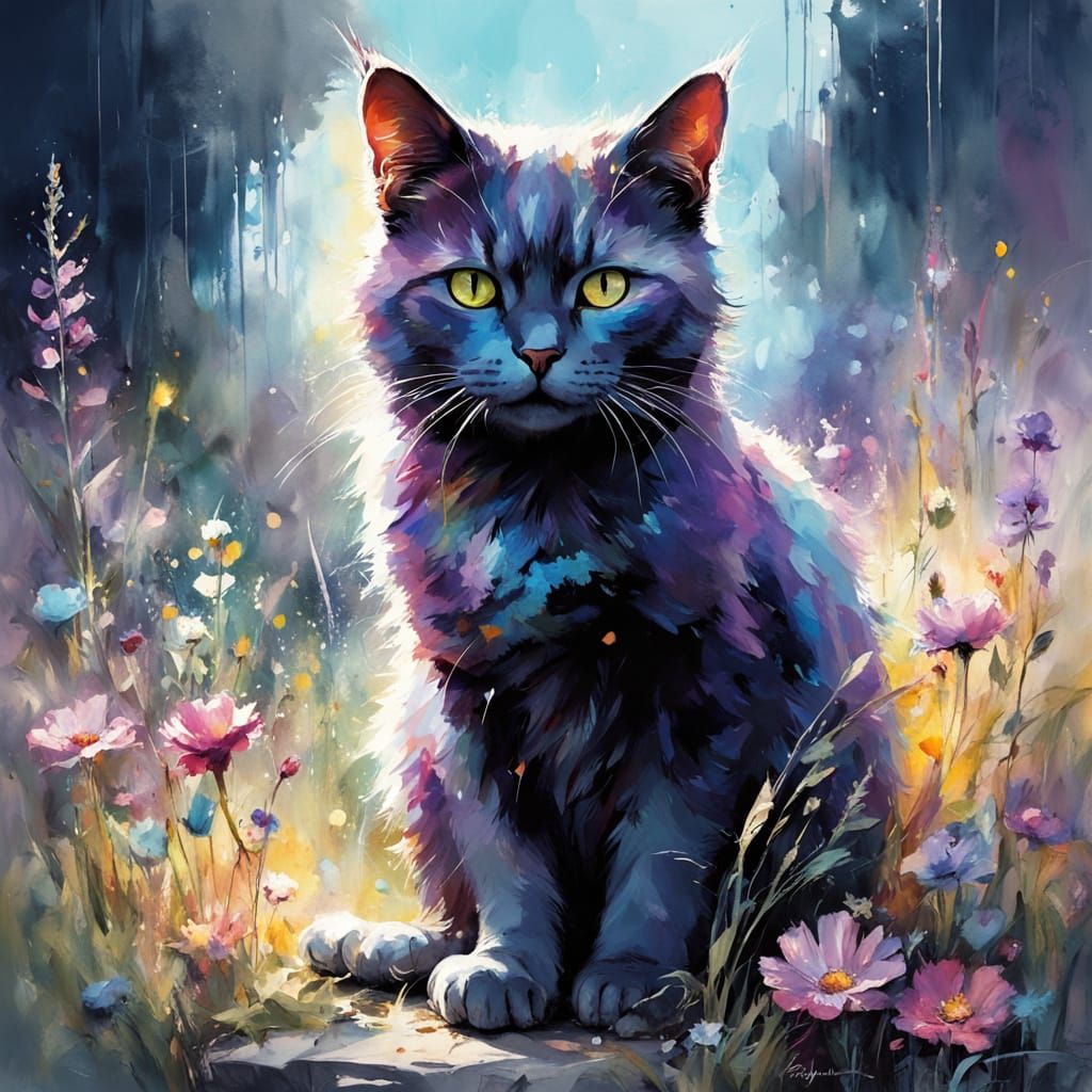 Elegant Cat in Watercolor Meadow, Detailed Fine Art