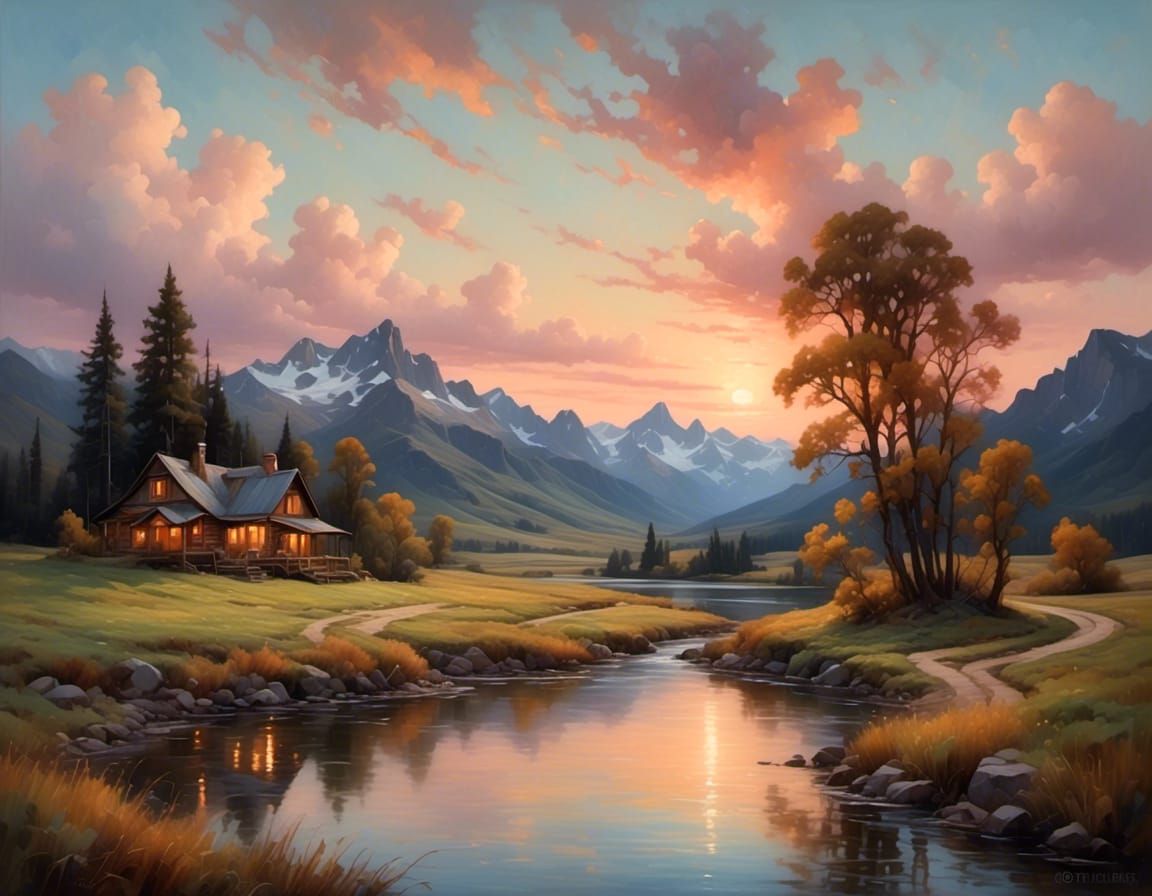 Pastel Sunset River Scene in Watercolor Style