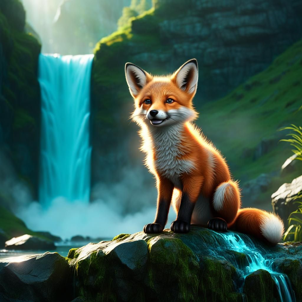 Fox Pup Above Waterfall in 3D Animation