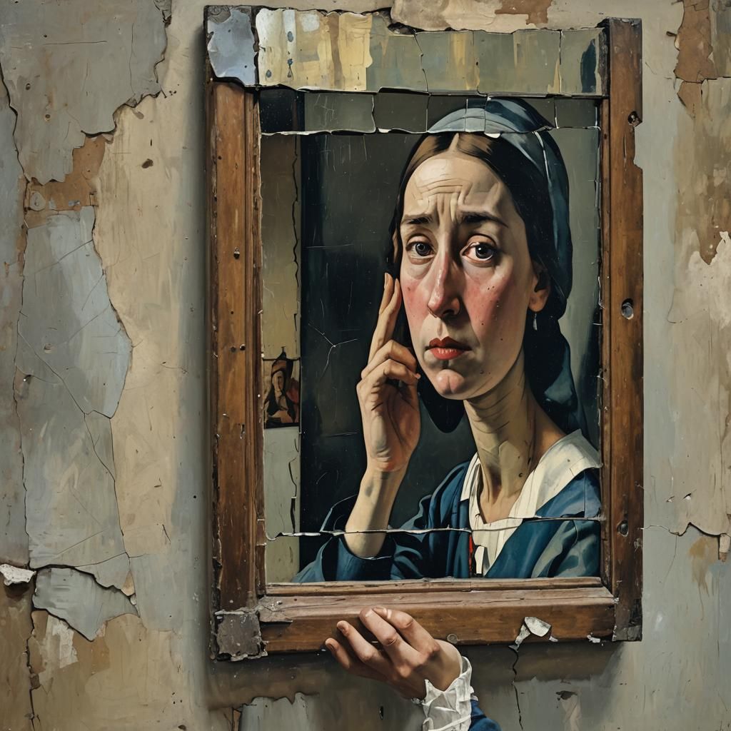 Woman Crying Mirror: Vermeer and Modigliani Fusion