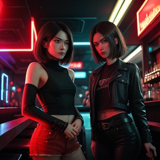 2 girls, girlfriends, night club, bar, red light, very cute(...