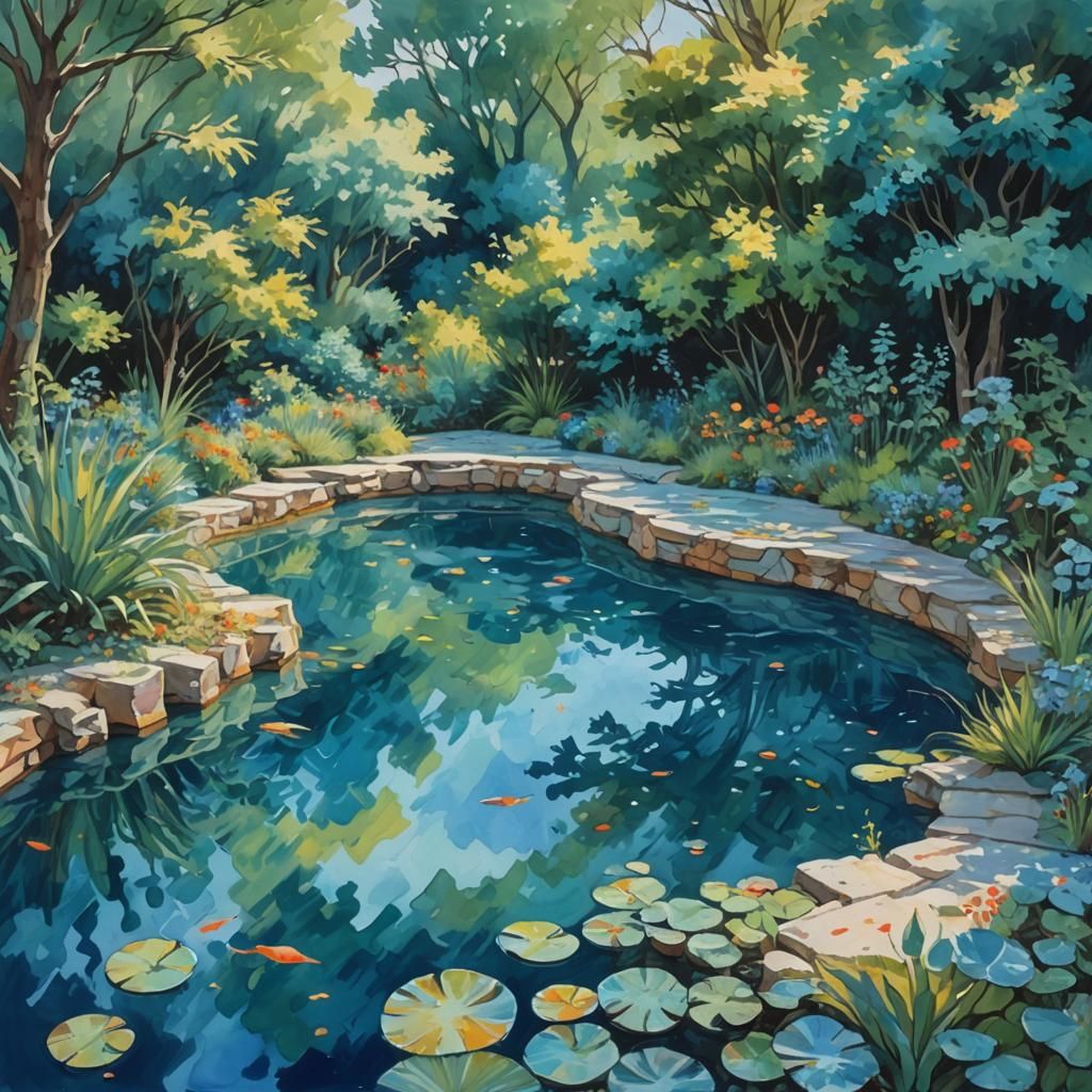 Blue Pool: Impressionist Gouache Watercolor Masterpiece