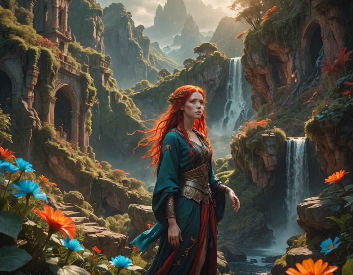 Red-Haired Nymph in a Dramatic Digital Painting
