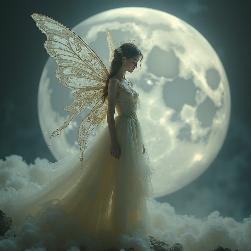 Ethereal Victorian Fairy on Silver Moon