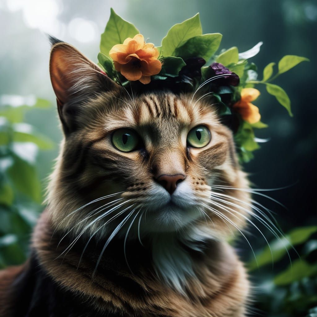Regal Feline Form in Lush Floral Wonderland