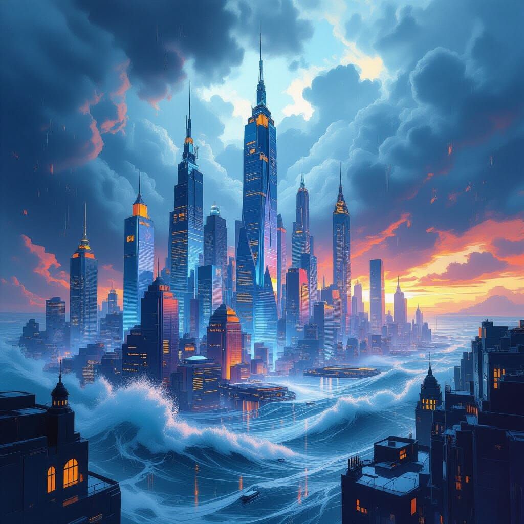 Stormy Futuristic Cityscape in Geometric Fauvism Style