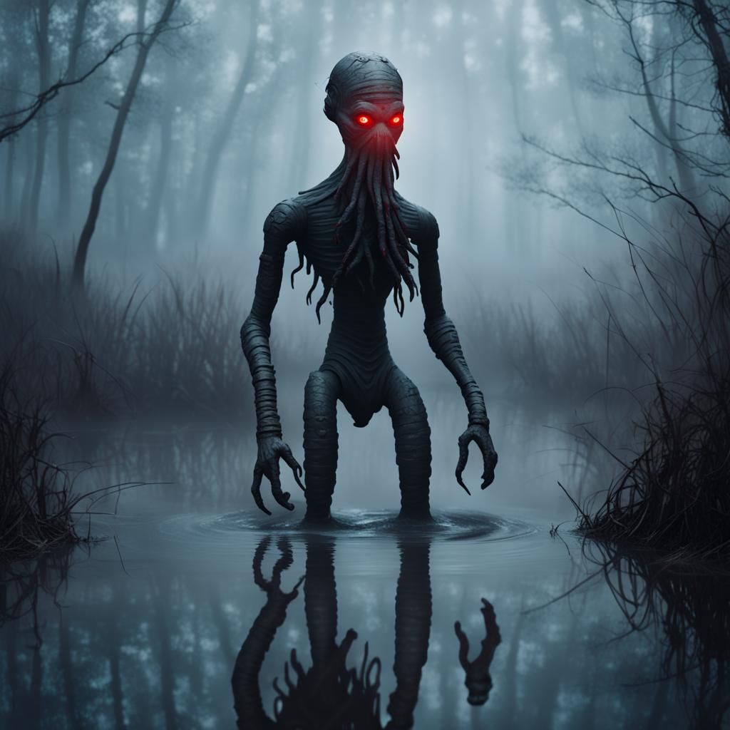 Lovecraftian Swamp Creature with Red Eyes