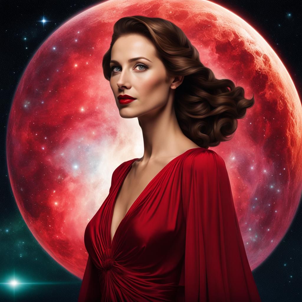 Cosmic Woman with Green Eyes in Red Dress