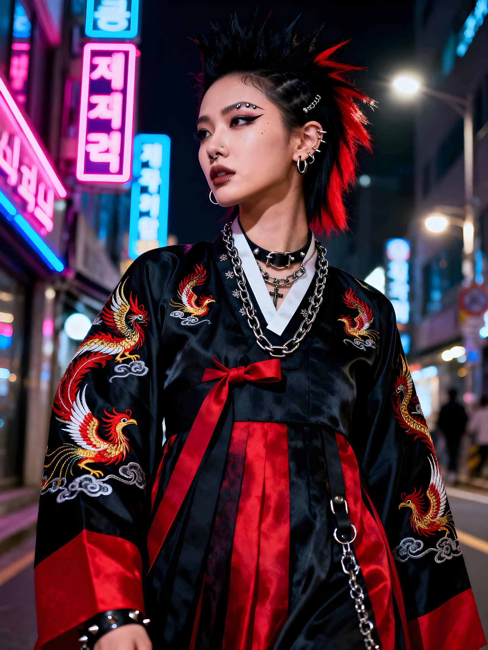 Punk Korean Fashion: Woman in Hanbok Fusion with Chains