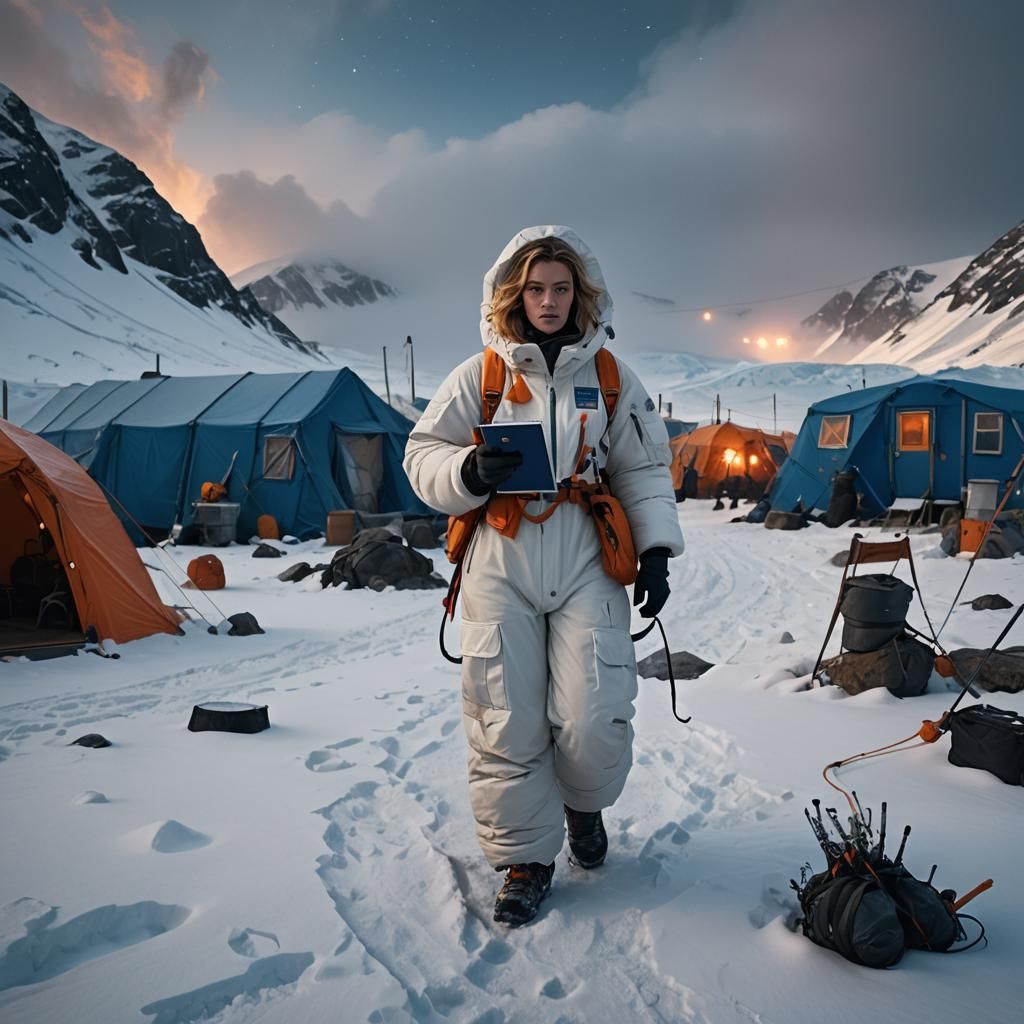 Woman in Arctic Base Camp, Fantasy Matte Painting